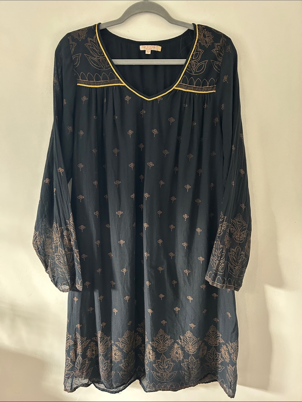 Pink Chicken Black Midi Tunic Dress Size Large Gold Floral Trim Lined Boho Fit
